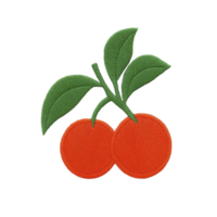 Vibrant embroidered patch features two red cherries with green leaves, showcasing intricate stitching and playful design. Perfect for adding pop of color to clothing or accessories png