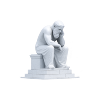 A marble statue of thoughtful man sitting on pedestal, with contemplative expression, evokes sense of introspection and wisdom. sculpture is detailed and classical in style png