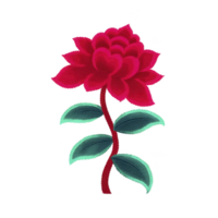 Vibrant red flower with layered petals and green leaves, resembling embroidered design, stands out against plain background, showcasing intricate details and textured appearance png