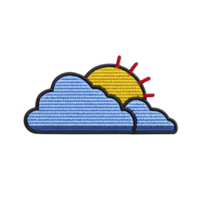 Colorful embroidered patch features sun partially hidden behind fluffy blue clouds, with red sun rays extending outward, creating cheerful and vibrant design png