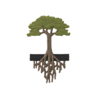 Stylized tree with green leaves and visible roots is depicted, symbolizing growth and connection. design is simple and elegant, with focus on nature and stability png