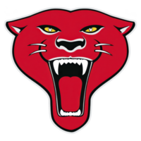 Fierce red panther head logo with sharp fangs and intense yellow eyes, conveying strength and aggression. bold design is ideal for sports teams or branding png
