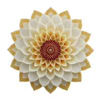 Beautifully intricate paper quilling design features symmetrical floral pattern with layers of delicate petals in shades of white, gold, and red, creating harmonious and elegant appearance png