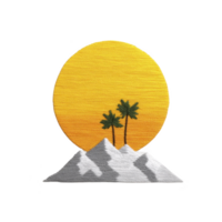 Vibrant illustration features large yellow sun setting behind stylized white mountains with two palm trees, creating serene and tropical atmosphere png