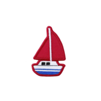 Colorful embroidered patch of sailboat with red sail and blue hull, isolated on transparency background. design is simple and playful, ideal for clothing or accessories png