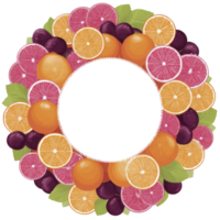 Vibrant wreath made of colorful citrus fruits and plums, including oranges, grapefruits, and leaves, arranged in circular pattern. design is fresh and lively png