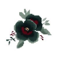 Dark floral embroidery design featuring two large flowers with leaves and small red accents, creating vintage and elegant look. intricate stitching adds texture and depth png