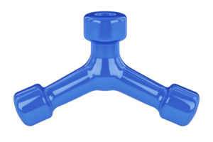 A blue, three pronged plastic object with central hub and rounded ends, resembling fidget spinner or connector piece. glossy finish gives it sleek appearance png