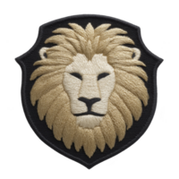 Detailed embroidered lion head patch with majestic expression is set against transparency background, showcasing intricate stitching and regal design png