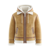 Stylish tan shearling jacket with cozy white fleece lining, featuring hood, front zipper, and pockets, perfect for cold weather fashion png
