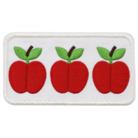 Three embroidered red apples with green leaves are arranged in row on rectangular white fabric patch, creating simple and charming design png