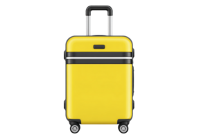 A bright yellow hard shell suitcase with four wheels and telescopic handle, perfect for travel. suitcase is modern and durable, designed for easy maneuverability and style png