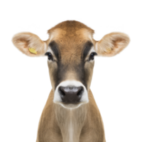 A close up of brown cow with white snout and large ears, looking directly at camera against transparency background. cow expression is calm and curious png