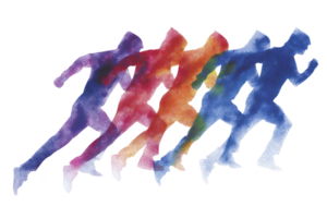A dynamic illustration of multicolored silhouette of running person, showing motion and speed through overlapping figures. vibrant colors and energetic pose convey sense of movement and athleticism png