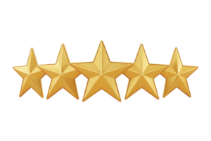 A five golden stars arranged in row symbolize excellence and high quality, often used for ratings and reviews. shiny gold color adds sense of prestige and achievement png