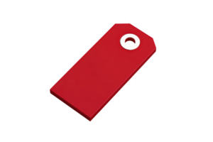 A red rectangular price tag with hole for attachment, isolated on transparency background, often used for labeling or pricing items in retail settings png
