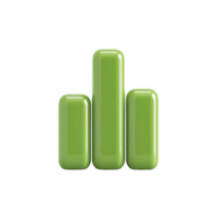 A glossy green bar chart icon with three vertical bars of varying heights, symbolizing data analysis or statistics. shiny surface adds modern and sleek appearance png