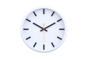 A minimalist white wall clock with black hour and minute hands and yellow second hand, set against plain background, conveys simplicity and modern design png