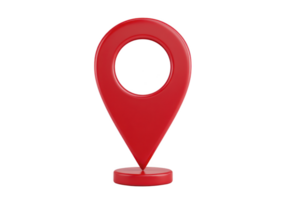 A red 3d location pin icon stands upright, symbolizing navigation and mapping. glossy finish and minimalist design make it ideal for digital interfaces and applications png