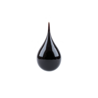 A single, glossy black liquid droplet is suspended against transparency background, showcasing its smooth, reflective surface and teardrop shape png