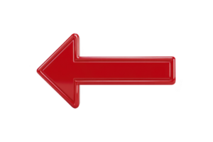 A shiny red arrow pointing left on transparent background, symbolizing direction or navigation. glossy finish adds modern touch, making it suitable for digital interfaces or graphic design png