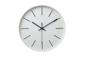 A minimalist white wall clock with black hands and hour markers, showcasing modern design. clock simplicity and elegance make it suitable for various interior styles png