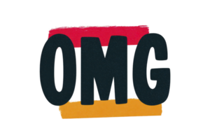 A bold black letters spell omg over vibrant red and orange brushstrokes, creating striking and expressive design png