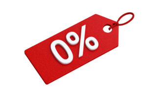 A red discount tag with 0 percent symbol. indicating sale or promotion. tag is textured and has loop for attachment. conveying sense of urgency and excitement for potential savings png