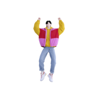 A person in colorful outfit is jumping with joy, wearing red and pink jacket, yellow sweater, blue jeans, and white sneakers. image conveys sense of happiness and energy png