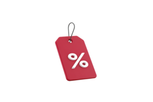 A red discount tag with white percentage symbol hangs by black string, symbolizing sales and promotions. simple design conveys sense of savings and deals png