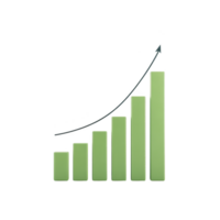 A green bar chart with upward trend arrow symbolizes growth and success in business or finance. bars increase in height from left to right, indicating positive progress png