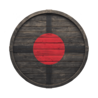 A round wooden shield with red circle design in center, resembling traditional japanese style. wood appears aged and weathered, adding rustic charm to piece png