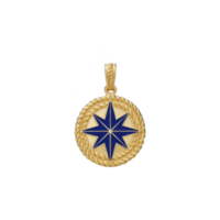 A gold pendant featuring blue star design is elegantly displayed against plain background. intricate rope like border adds touch of sophistication to piece, making it striking accessory png