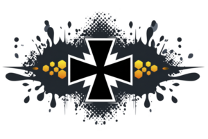 A symmetrical design features central black cross with abstract splatter effects and hexagonal patterns in yellow and orange on either side, creating modern, dynamic look png