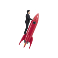A man in suit rides red rocket, symbolizing ambition and innovation. image conveys sense of adventure and forward thinking, ideal for business or technology themes png