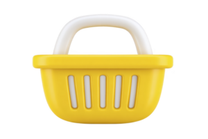 A bright yellow plastic shopping basket with white handle, designed for carrying groceries or small items. basket features vertical slits for ventilation and sturdy build png
