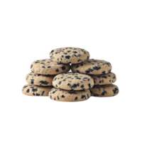 A stack of delicious chocolate chip cookies is arranged in pyramid shape, showcasing their golden brown texture and dark chocolate chips. cookies appear freshly baked and inviting png