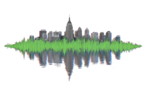 A city skyline is creatively transformed into soundwave, blending urban architecture with audio visualization. green wave pattern adds dynamic and artistic touch to cityscape png