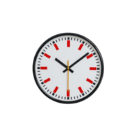 A round wall clock with white face features bold red hour markers and black minute markers. clock has black hour and minute hands, and yellow second hand, all enclosed in black frame png