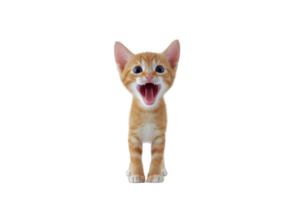 A cute orange tabby kitten with wide eyes and open mouth stands against plain background, appearing playful and curious. kitten fur is striped, and its expression is lively png