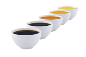 A five white bowls filled with different colored liquids, including black, orange, and yellow, are arranged diagonal line transparency background. vibrant colors create striking visual contrast png
