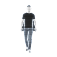 A digital silhouette of person walking forward, with glowing outline and futuristic appearance, set against transparency background. image conveys sense of technology and modernity png