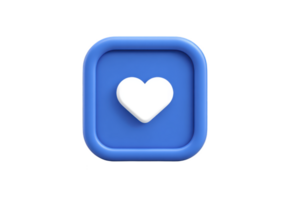 A 3d blue square icon with white heart symbol in center, representing social media engagement or like button. design is simple and modern, conveying sense of connection and positivity png