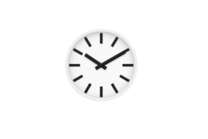 A minimalist wall clock with white face and black hour and minute hands, featuring simple black hour markers, is set against plain background. design is modern and sleek png