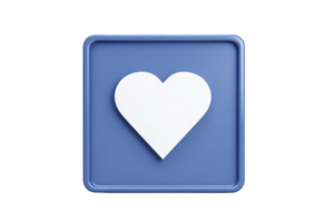 A blue square icon with white heart symbol in center, representing love or like, is displayed. minimalist design and soft colors convey sense of calm and affection png