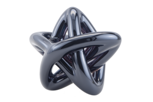 A shiny metallic abstract sculpture with interlocking loops creates futuristic and modern design. smooth, reflective surface adds sense of elegance and sophistication png