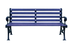 A blue wooden park bench with metal armrests and legs, isolated on transparency background. bench features slatted backrest and seat, offering classic and inviting design for outdoor seating png