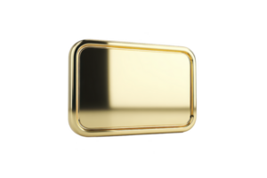 A shiny, rectangular gold plaque with rounded edges and reflective surface is displayed against plain background. elegant design and luxurious appearance make it suitable for awards or signage png