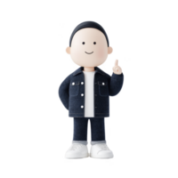A cute 3d character with smiling face, wearing denim jacket and pants, white sneakers, and black beanie, stands with one hand on hip and other pointing up png