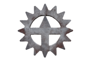 A rusty metal gear with unique design featuring cross and triangular cutouts, symbolizing industrial and mechanical themes. weathered texture adds vintage feel png